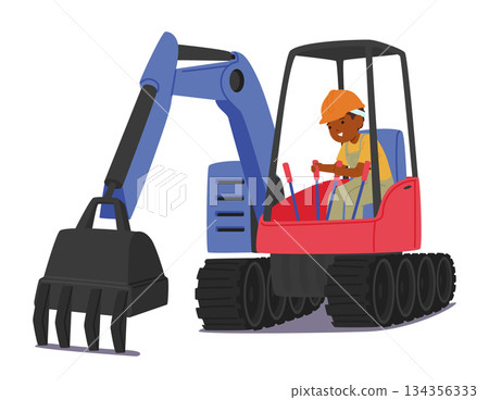 Cute boy child cartoon character in hard hat and uniform operating excavator isolated on white Cute boy child cartoon character in hard hat and uniform operating excavator isolated on white 134356333