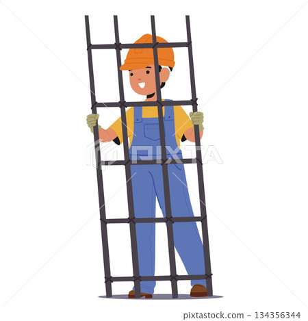 Little boy child builder character wearing protective helmet and uniform installing reinforcing mesh Little boy child builder character wearing protective helmet and uniform installing reinforcing mesh 134356344