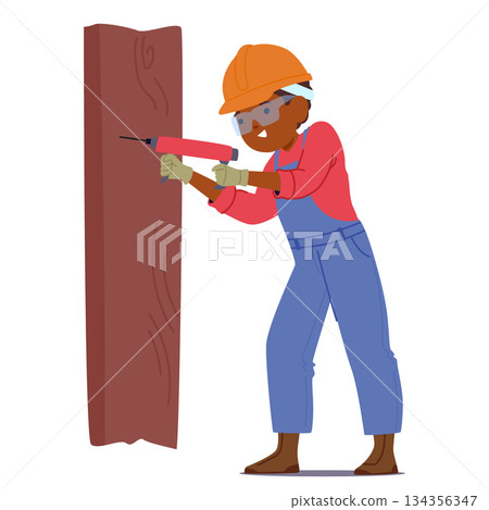 Boy child builder cartoon character wearing hard hat and uniform drilling wall isolated on white Boy child builder cartoon character wearing hard hat and uniform drilling wall isolated on white 134356347