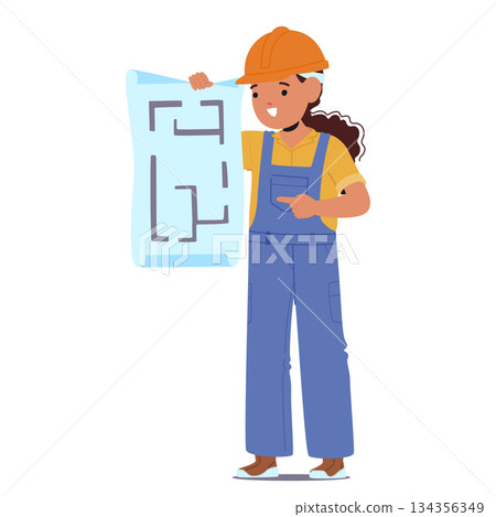 Little girl engineer isolated cartoon character wearing hard hat and uniform reading blueprint 134356349