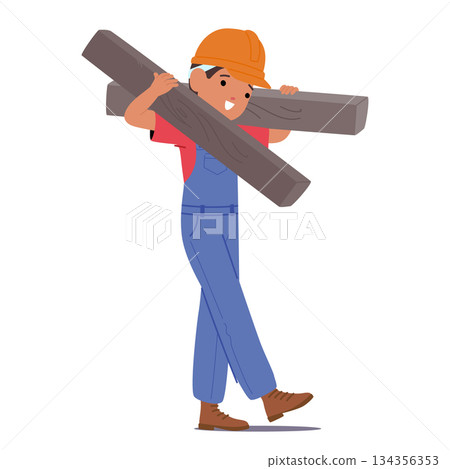 Strong little boy child builder isolated cartoon character carrying construction beams on shoulders 134356353