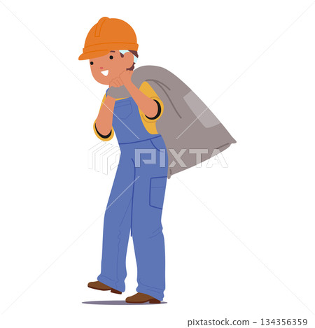 Little boy child cartoon character in hard hat and workwear carrying sack with building material 134356359