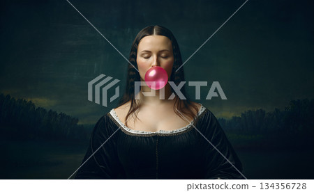Mona lisa with bubblegum, a modern twist on a classic painting concept captured indoors 134356728