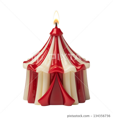 Whimsical striped circus tent shaped candle with warm, burning flame isolated, perfect for birthday or carnival themes Whimsical striped circus tent shaped candle with warm, burning flame isolated, perfect for birthday or carnival themes 134356736