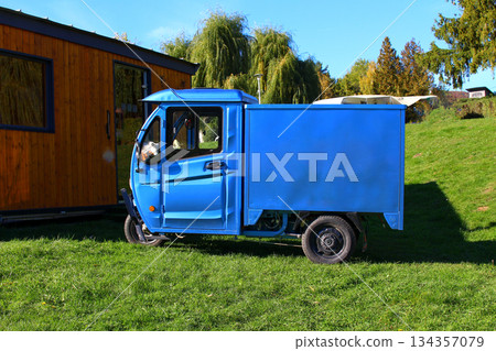 Bright blue electric vehicle parked on grassy area near wooden cabin  134357079