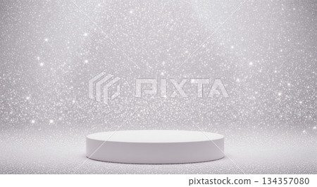 A clean white product podium set against a dazzling silver glitter background 134357080