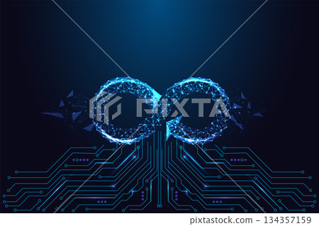 Glowing infinity loop on circuit board, continuous cycle and tech innovation vector illustration 134357159