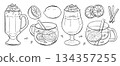 Drink set with hot toddy, Irish coffee illustrations. Hot winter drinks doodle monochrome vector drawing 134357255