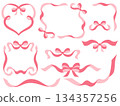 Coquette vintage vignettes ribbon frame with bows. Pink and red holiday design elements isolated on white background. Love themed template 134357256