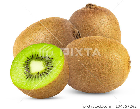 Three ripe whole kiwis fruits and green half of kiwi fruit isolated. Group of kiwi with clipping path. Three ripe whole kiwis fruits and green half of kiwi fruit isolated. Group of kiwi with clipping path. 134357262