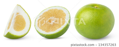 Fresh juicy sweetie fruits isolated. Slice of grapefruit sweetie, half of sweetie and whole sweetie with clipping path. Fresh juicy sweetie fruits isolated. Slice of grapefruit sweetie, half of sweetie and whole sweetie with clipping path. 134357263