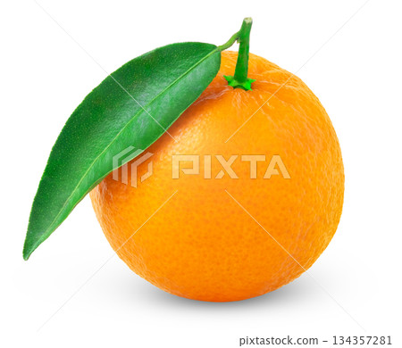 Ripe tangerine or mandarin with green leaf isolated. Juicy clementine fruit with leaves. Ripe tangerine or mandarin with green leaf isolated. Juicy clementine fruit with leaves. 134357281