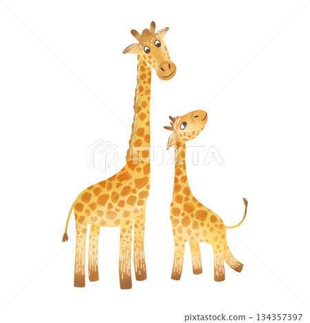 Cartoon giraffes: mother and baby. Flat style children's illustration. Watercolor, pastel, yellow, orange. Design element for children's prints Cartoon giraffes: mother and baby. Flat style children's illustration. Watercolor, pastel, yellow, orange. Design element for children's prints 134357397