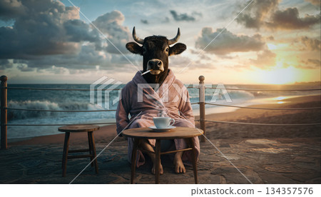 Cow in robe sits at table with coffee cup near ocean at sunset Cow in robe sits at table with coffee cup near ocean at sunset 134357576