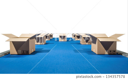 Row of open boxes placed on a blue surface in a warehouse or distribution center showing empty packaging ready for sorting 134357578
