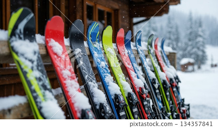 A row of vibrant colorful skis covered in fresh snow leans against a rustic wooden cabin on a cold winter day, with a snowy forest in the background. 134357841