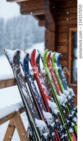 Colorful skis covered in fresh snow lean against a rustic wooden fence outside a cozy log cabin, with soft snowflakes gently falling in a serene winter mountain landscape. 134357850