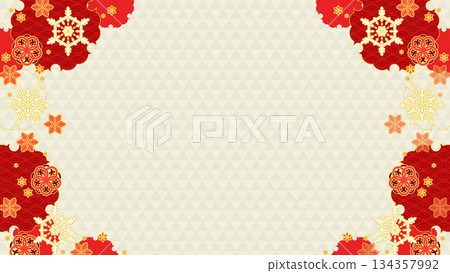 新年風格，絢麗的紅色白雪景和日式背景 134357992