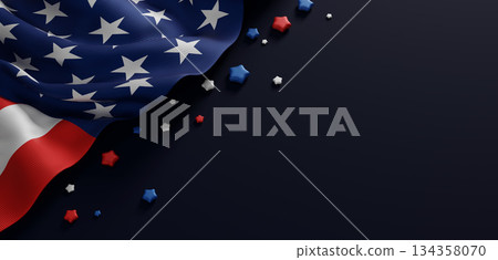 4th of july usa Independence banner design of american flag on dark blue background with copy space 3D render 134358070
