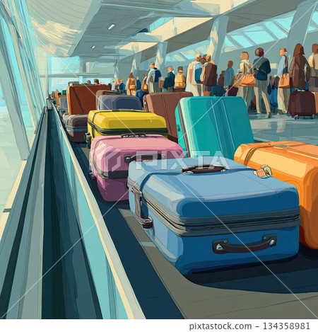 Flat vector of colorful suitcases moving on a baggage claim conveyor belt in a bright, modern airport terminal, with people waiting in the background. Vector illustration 134358981