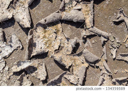 Close-up macro view of dry earth crust pieces peeling and curling up from parched cracked soil background surface. 134359389