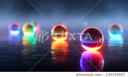 五彩繽紛的玻璃球漂浮在水面上 134359467