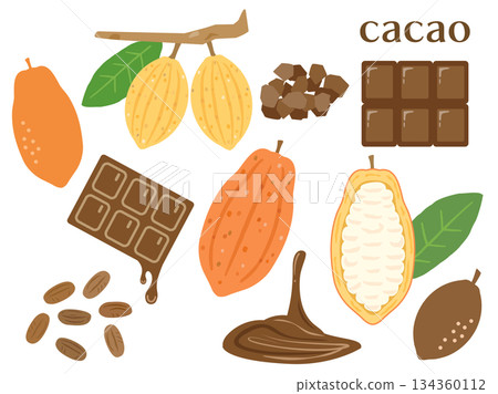 一套可可果和巧克力的插圖,可用於情人節等場合。 一套可可果和巧克力的插圖,可用於情人節等場合。 134360112