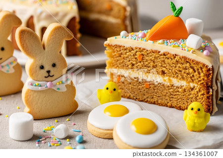 Easter Bunny Cookies & Carrot Cake Slice 134361007