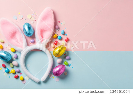 Easter Bunny Ears & Chocolate Eggs Flat Lay 134361064