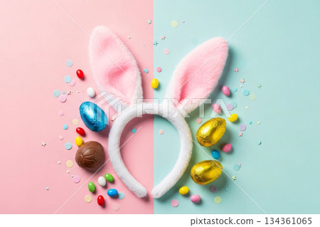 Easter Bunny Ears & Chocolate Eggs Flat Lay 134361065