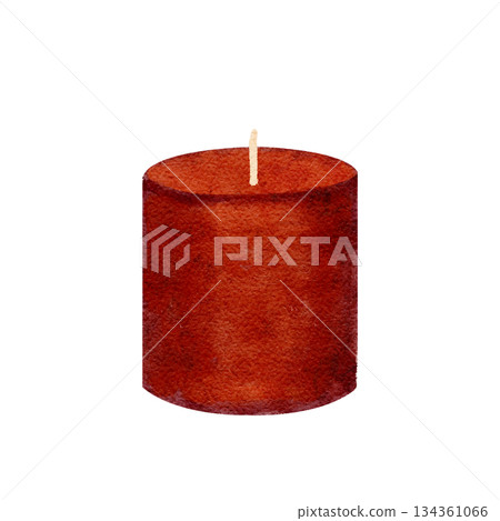 Red candle without flame, isolated on white. Hand-painted watercolor winter Christmas element in warm tones, ideal for festive compositions, holiday cards, packaging, invitations, seasonal design. 134361066