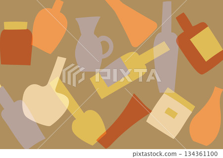 Artistic background made of stacked bottles and vases of various shapes Artistic background made of stacked bottles and vases of various shapes 134361100