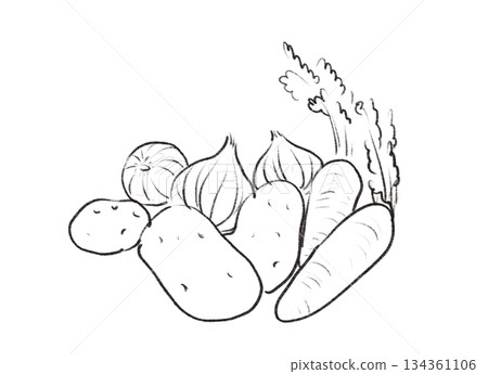 Line illustrations of fresh vegetables | Potatoes, carrots, onions 134361106