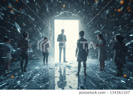 Leadership at the threshold of change. A man in a suit stands in front of a bright, open doorway, symbolizing change.  134361107