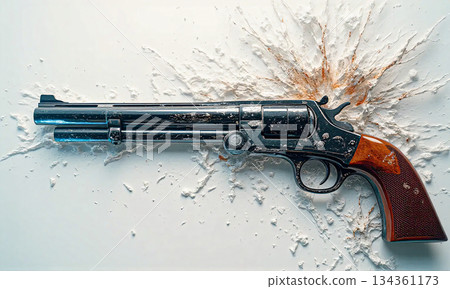 Revolver amidst exploding white powder. A revolver with a polished metal barrel and a wooden grip lies against a white surface. Revolver amidst exploding white powder. A revolver with a polished metal barrel and a wooden grip lies against a white surface. 134361173