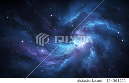 Blue Cosmic Nebula with Shining Stars in Deep Space 134361221