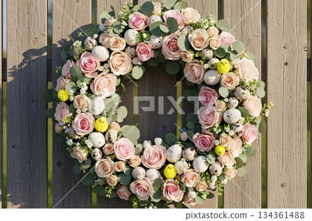 Easter Wreath on Rustic Wooden Fence Easter Wreath on Rustic Wooden Fence 134361488