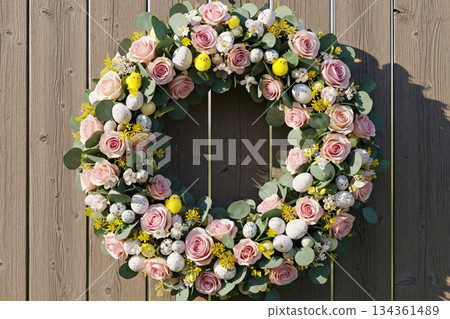 Easter Wreath on Rustic Wooden Fence Easter Wreath on Rustic Wooden Fence 134361489