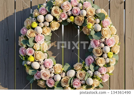 Easter Wreath on Rustic Wooden Fence Easter Wreath on Rustic Wooden Fence 134361490