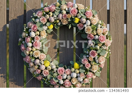 Easter Wreath on Rustic Wooden Fence 134361493