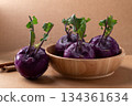 Purple kohlrabi or turnip cabbage in wooden bowl on brown background 134361634