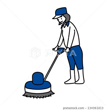 庫存插圖:一名工人正在使用商用拋光機清潔地板的插圖 庫存插圖:一名工人正在使用商用拋光機清潔地板的插圖 134361813
