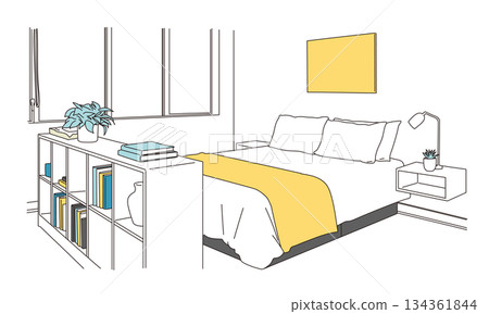 時尚簡約的臥室線條畫插圖 134361844