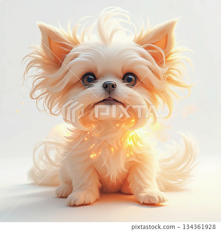 Enchanting white puppy with sparkling aura. A small, white puppy with fluffy fur and large, expressive eyes sits against a soft, light background.  134361928