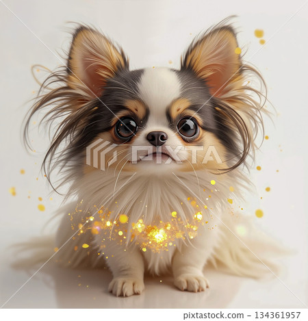 Adorable fluffy chihuahua puppy with golden glow. A fluffy, animated Chihuahua puppy is depicted with a golden hue. 134361957