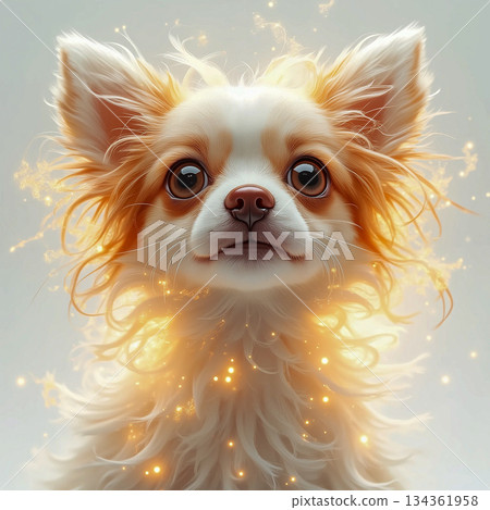 Adorable fluffy chihuahua puppy with golden glow. A fluffy, animated Chihuahua puppy is depicted with a golden hue. 134361958
