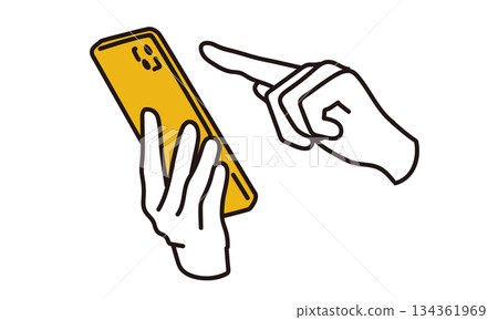 線條畫插圖，描繪了一隻女人的手正在操作智慧型手機。 134361969