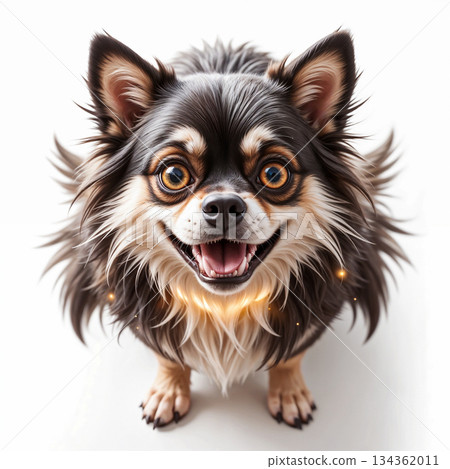 Happy fluffy chihuahua with sparkling eyes on white background. Fluffy chihuahua with dark fur, tan markings, and large, expressive eyes. 134362011