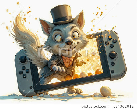 Dapper wolf gamer emerges from nintendo switch. A cartoon wolf dressed in a dapper outfit, complete with a top hat and suit, energetically emerges from a Nintendo Switch screen.  134362012