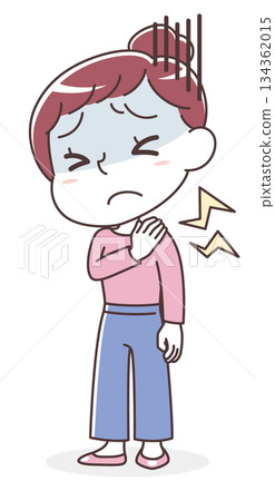 Illustration of a woman suffering from severe stiff shoulders (desk work, eye strain, poor circulation) 134362015